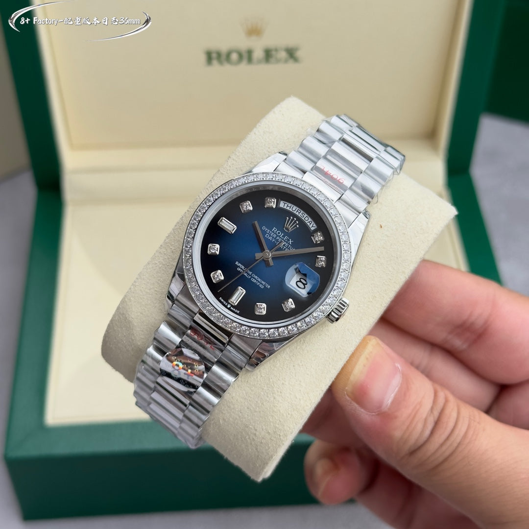Blue Silver - Rhinestone bezel -904L Steel- Automatic 3255- 36mm