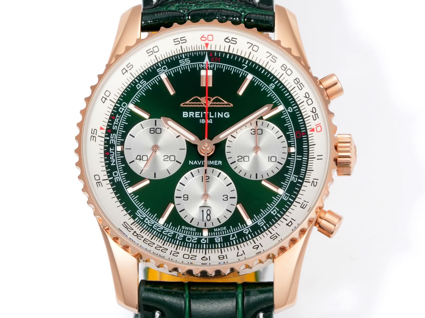 Chronograph - Rosegold White - Green - N-Timer - Green Leather - Automatic - 43mm