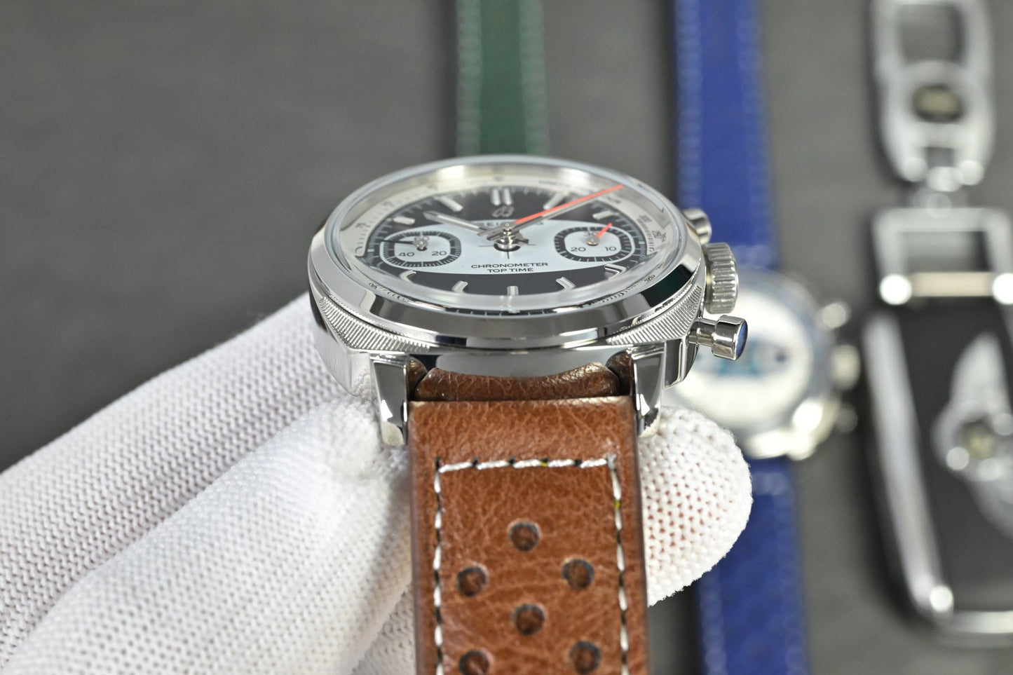 Chronograph - Tptime-Racing -Grey - Brown Leather - Automatic - 38mm