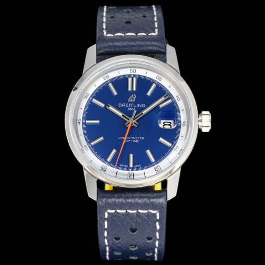 Blue White - Silver 904L Steel -Navy blue Leather- Automatic - 38mm
