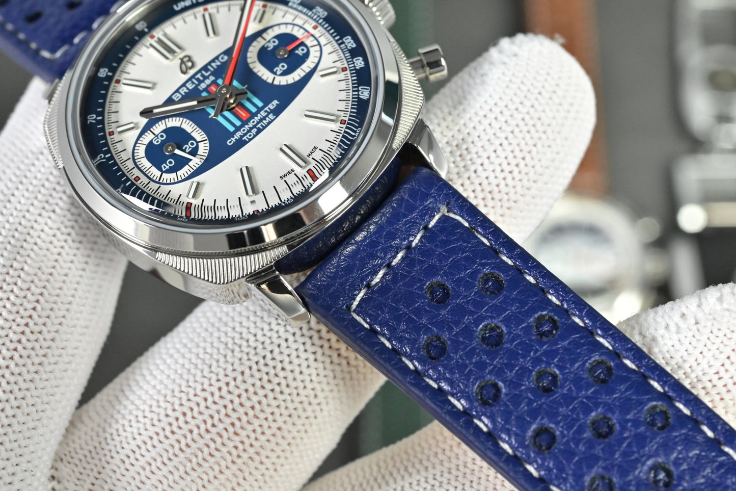 Chronograph - Tptime-Racing -White Blue - Blue Leather - Automatic - 38mm