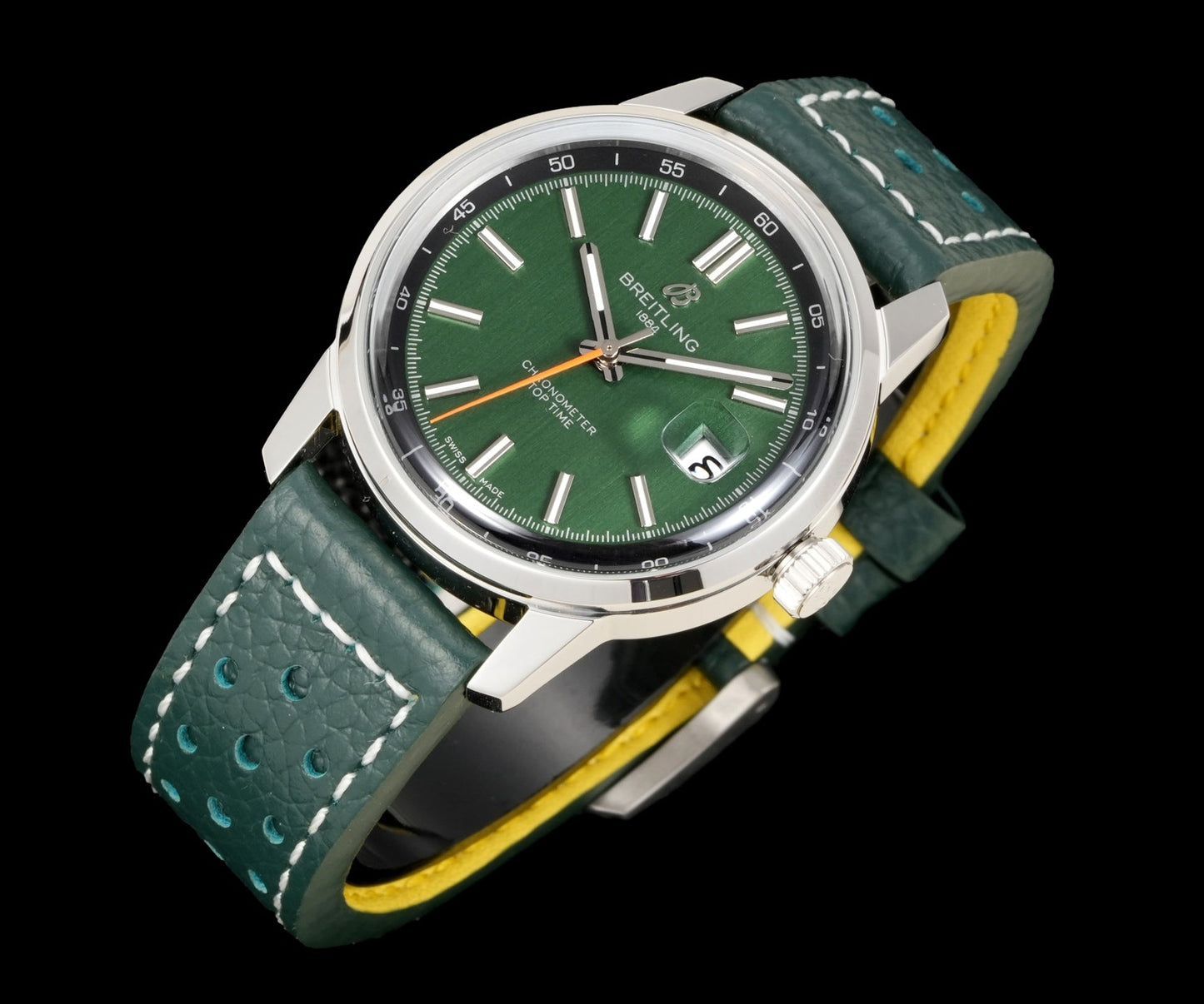 Green White - Silver 904L Steel -Green Leather- Automatic - 38mm