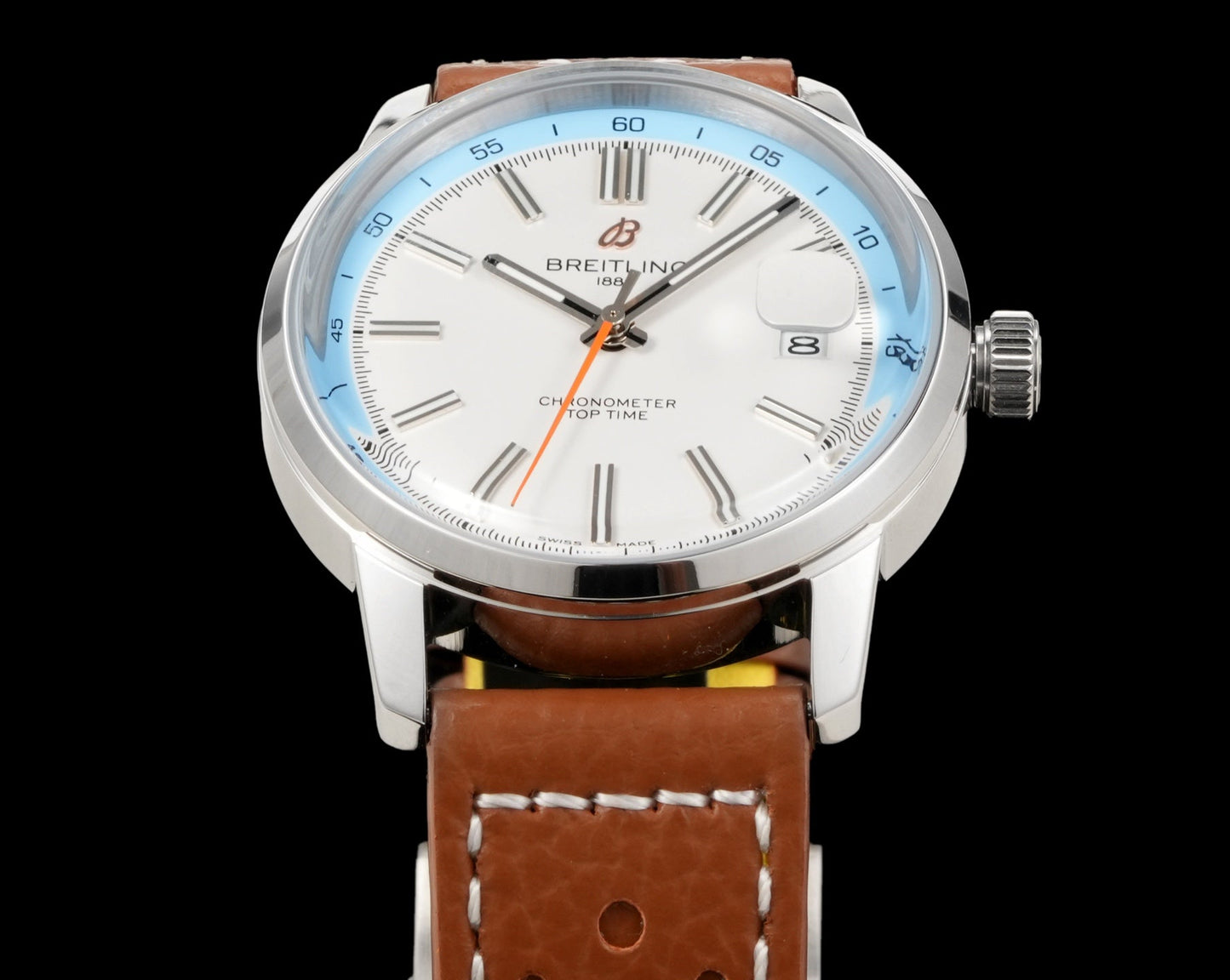 White Blue - Silver 904L Steel -Orange Leather- Automatic - 38mm