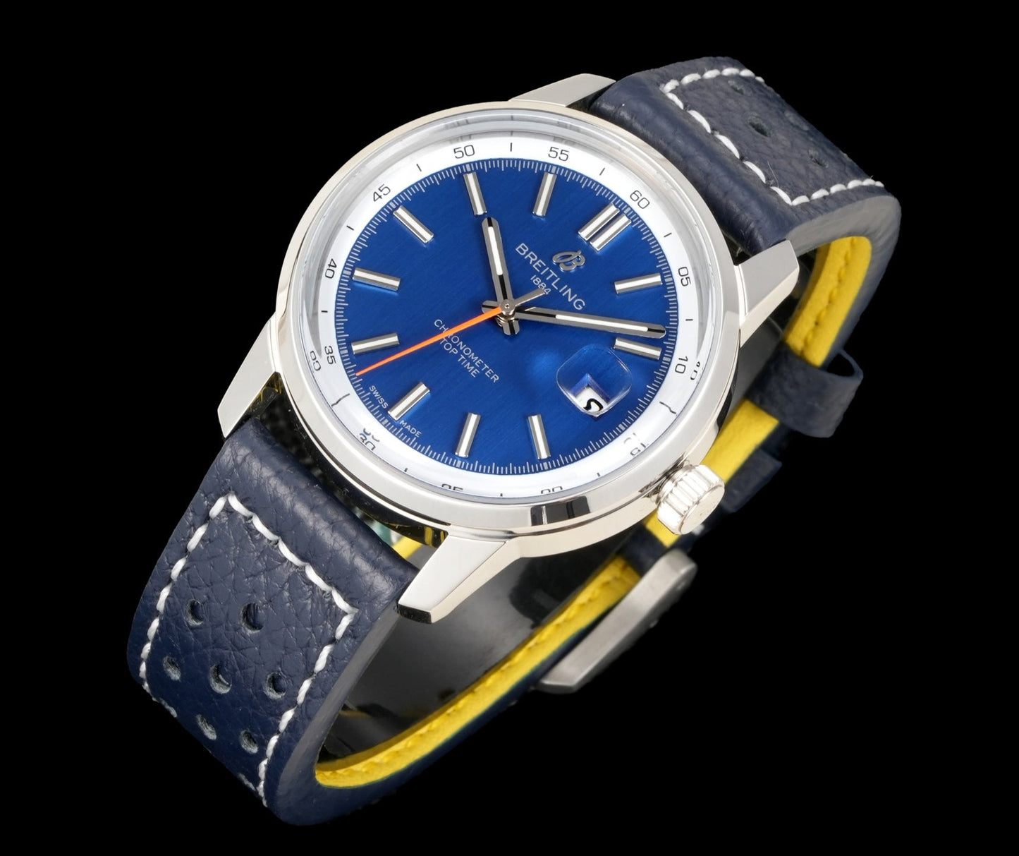 Blue White - Silver 904L Steel -Navy blue Leather- Automatic - 38mm
