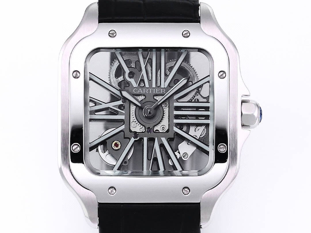 Two hands - Silver -Ultra-thin Hollow -Black Leaher - Automatic - 40mm