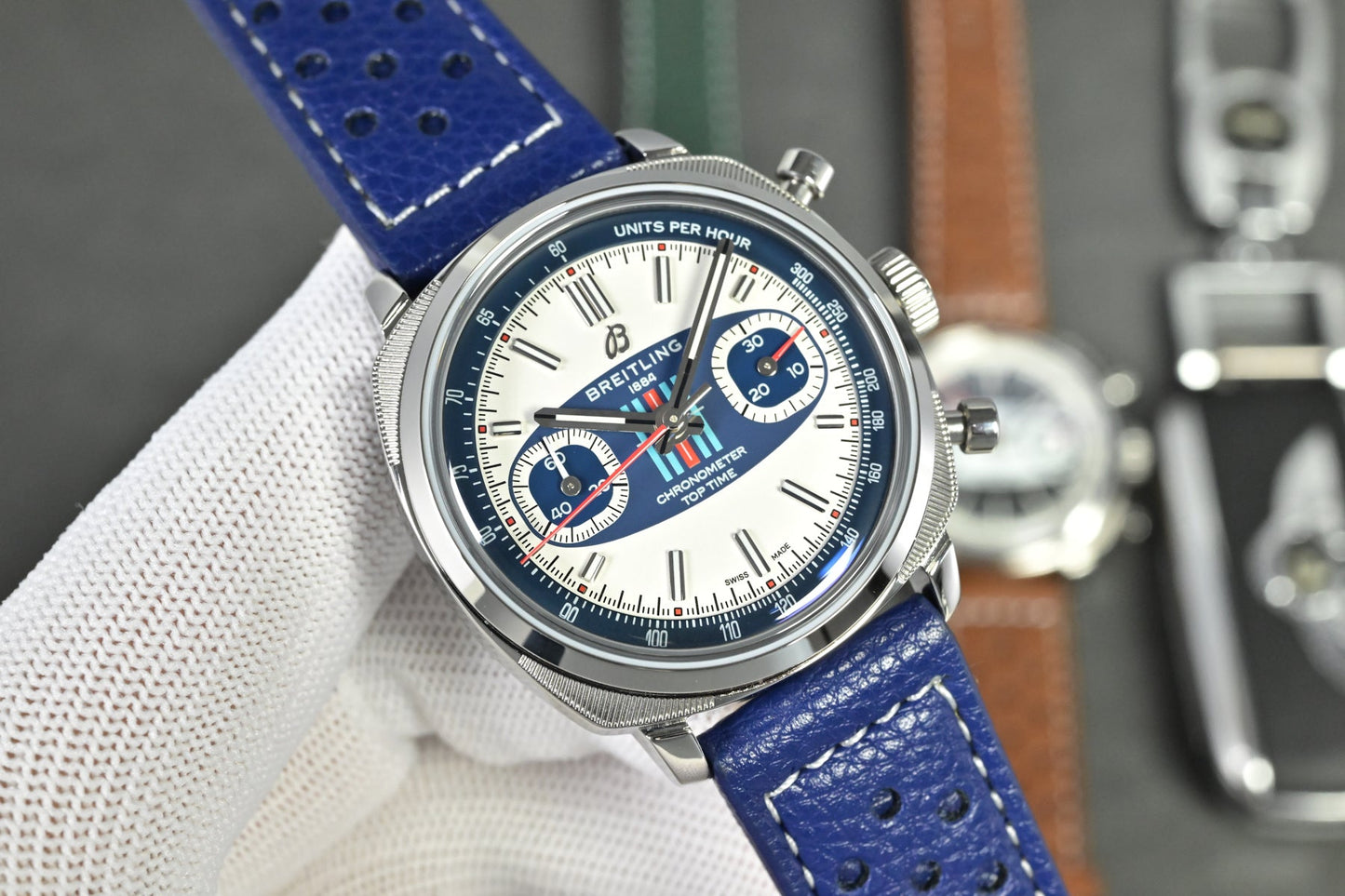 Chronograph - Tptime-Racing -White Blue - Blue Leather - Automatic - 38mm