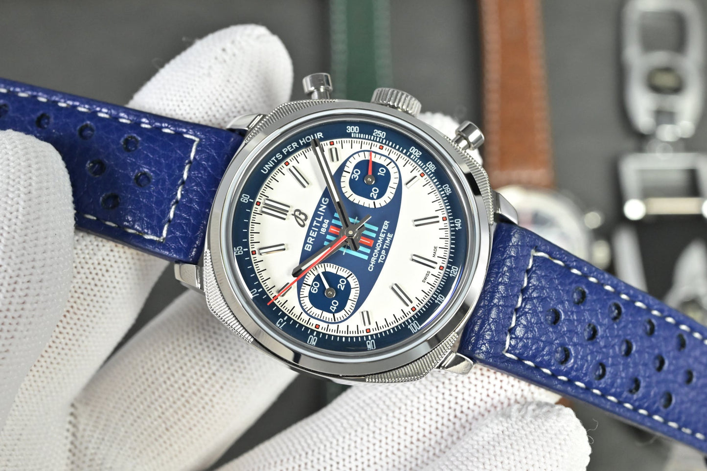Chronograph - Tptime-Racing -White Blue - Blue Leather - Automatic - 38mm
