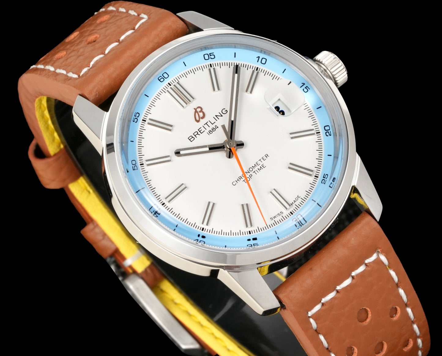 White Blue - Silver 904L Steel -Orange Leather- Automatic - 38mm