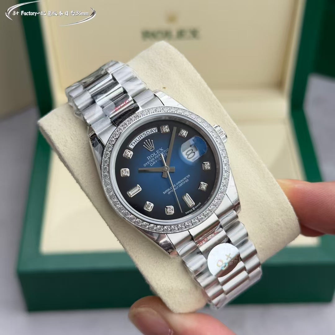 Blue Silver - Rhinestone bezel -904L Steel- Automatic 3255- 36mm