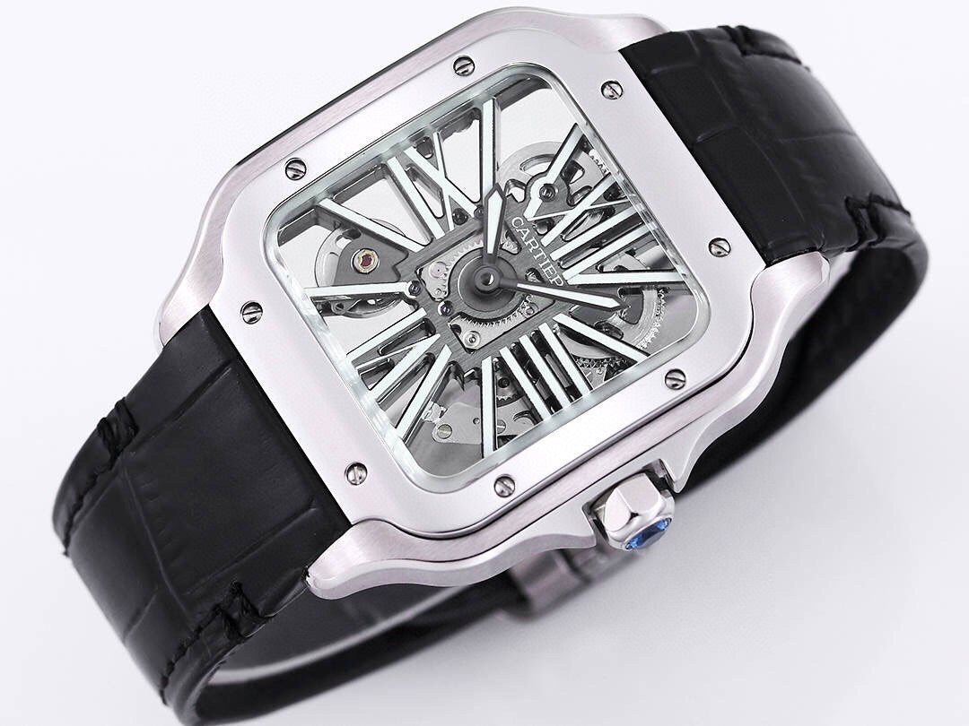 Two hands - Silver -Ultra-thin Hollow -Black Leaher - Automatic - 40mm