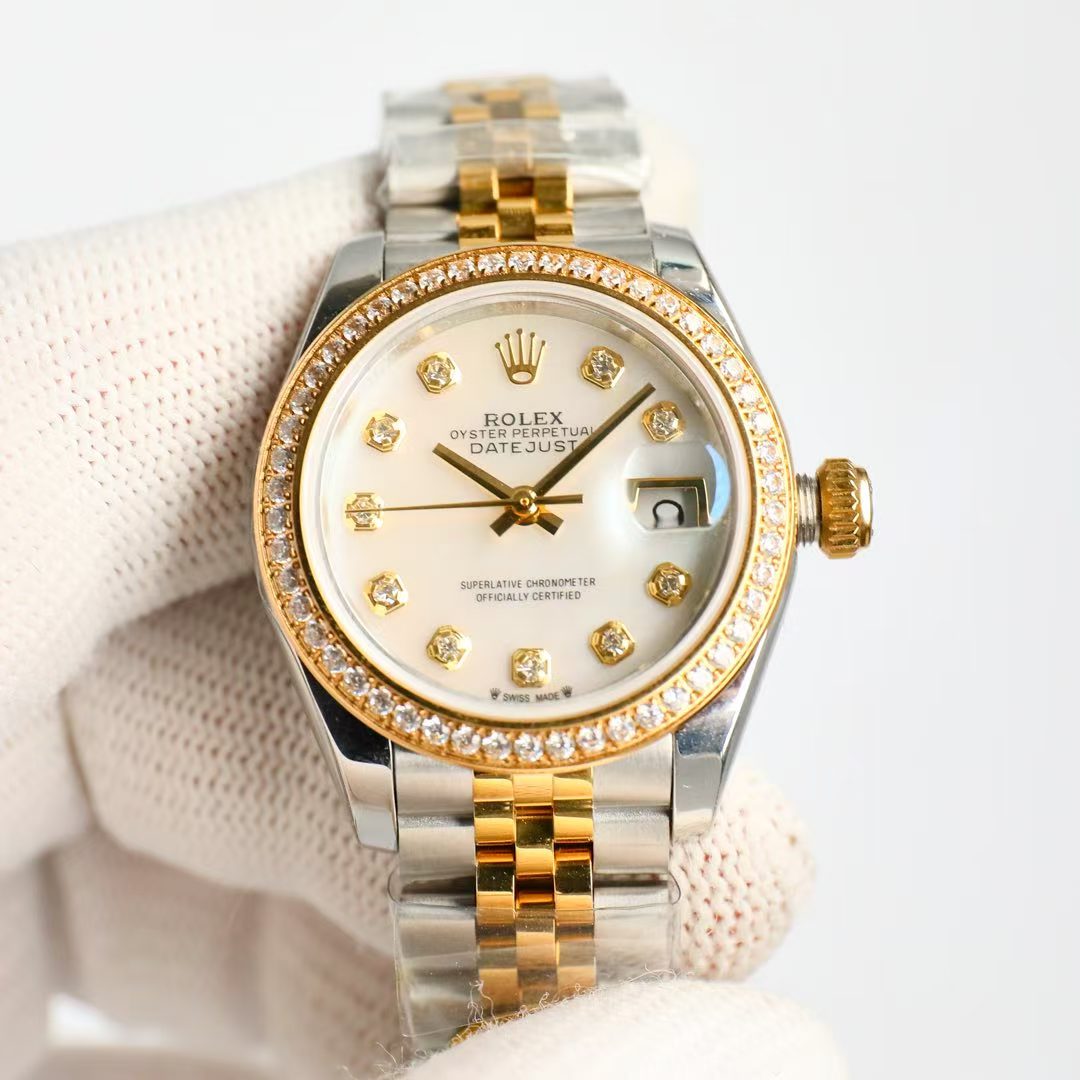 LADY -Yellow -Rhinestone bezel- 904L Steel  -Automatic - 28mm