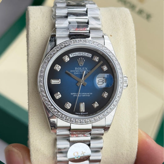 Blue Silver - Rhinestone bezel -904L Steel- Automatic 3255- 36mm