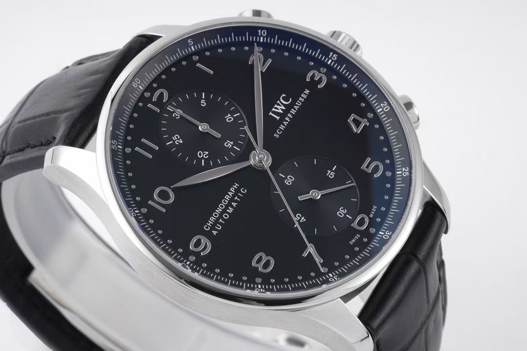 Chronograph -Black- White Silver- Black Leather - Automatic 69355 - 41mm