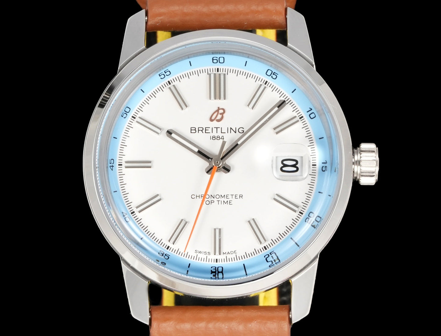 White Blue - Silver 904L Steel -Orange Leather- Automatic - 38mm