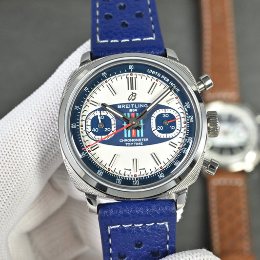 Chronograph - Tptime-Racing -White Blue - Blue Leather - Automatic - 38mm