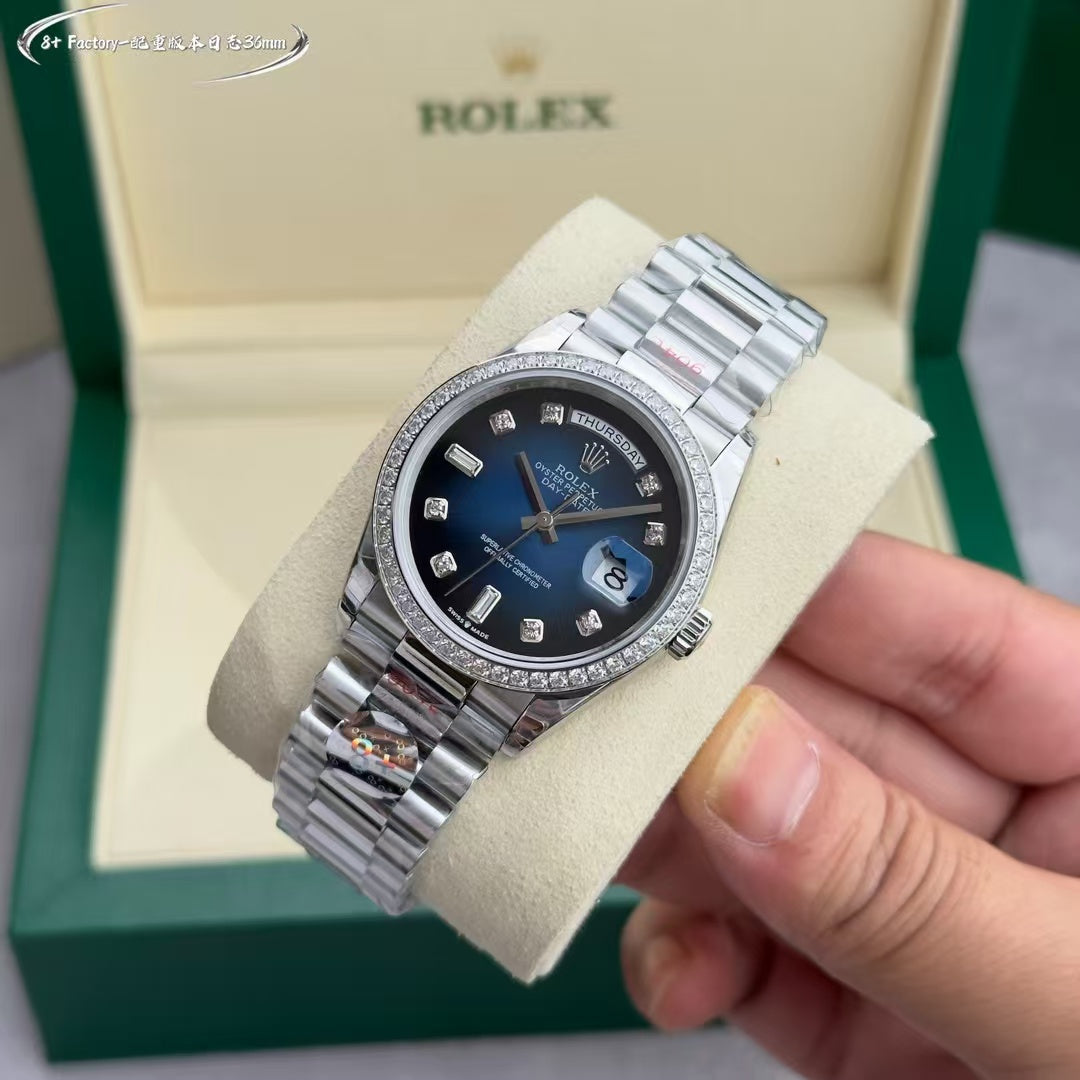 Blue Silver - Rhinestone bezel -904L Steel- Automatic 3255- 36mm