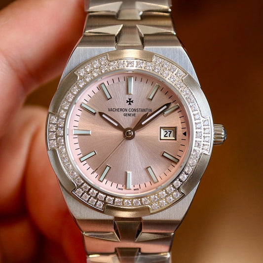 Pink Silver - Rhinestone bezel -904L Steel- Quartz- 33mm