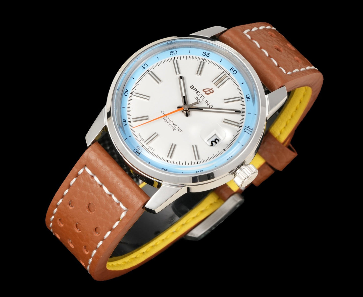 White Blue - Silver 904L Steel -Orange Leather- Automatic - 38mm