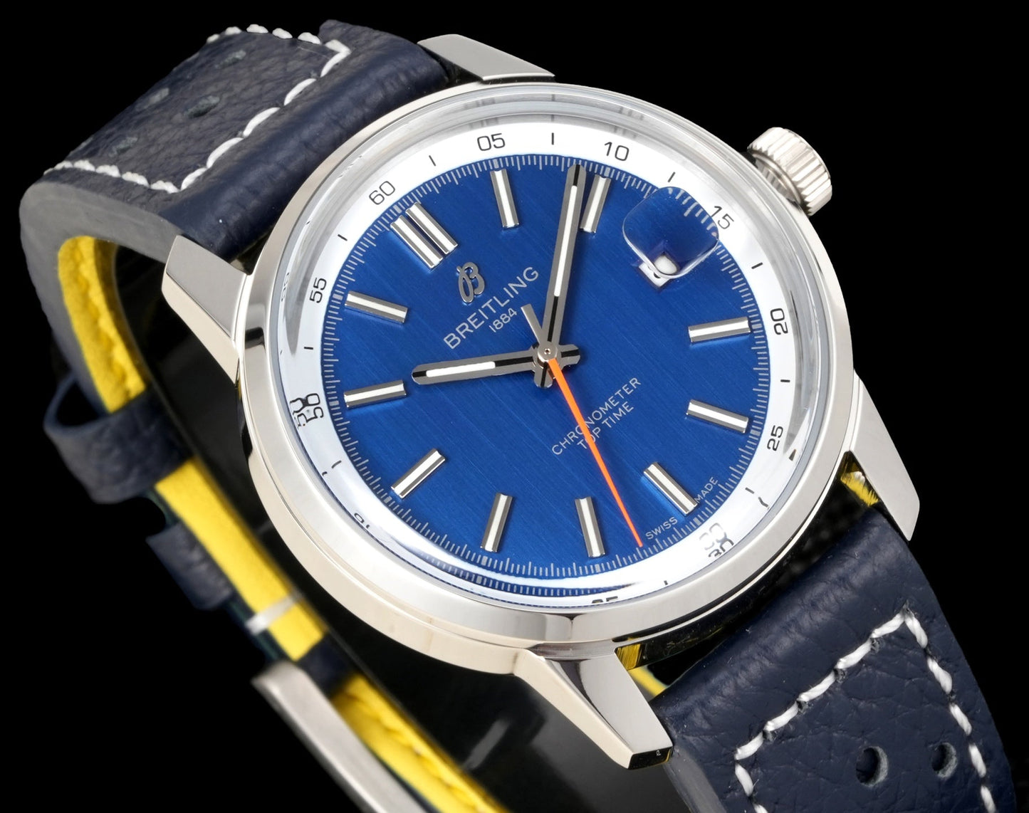 Blue White - Silver 904L Steel -Navy blue Leather- Automatic - 38mm