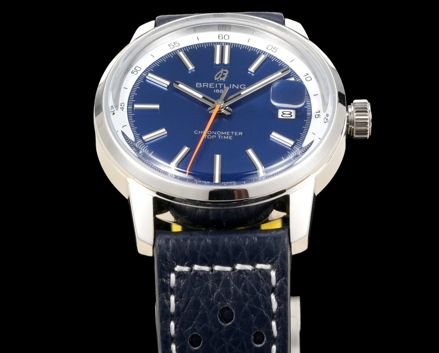 Blue White - Silver 904L Steel -Navy blue Leather- Automatic - 38mm