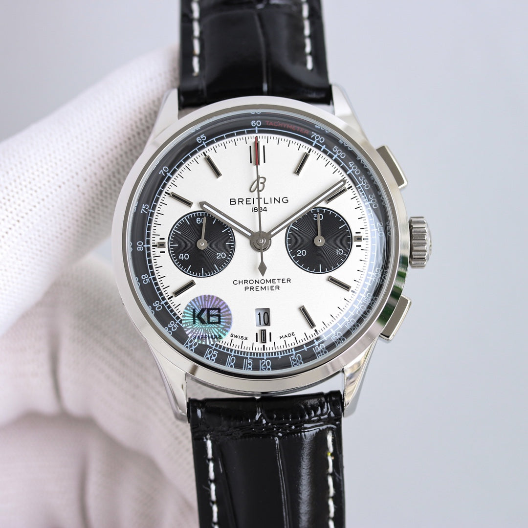 Chronograph - Panda face - Black Leather - Automatic - 42mm