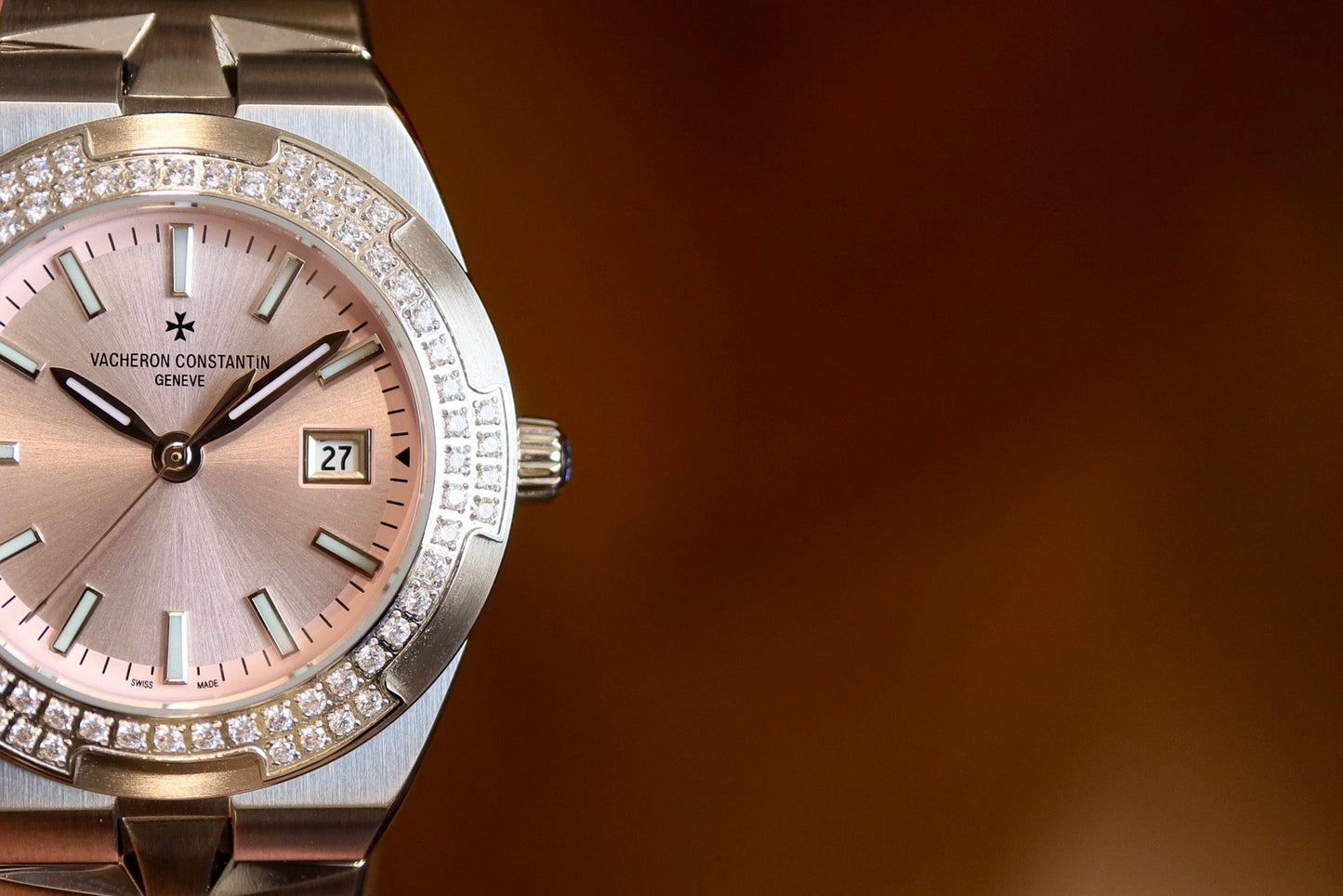 Pink Silver - Rhinestone bezel -904L Steel- Quartz- 33mm