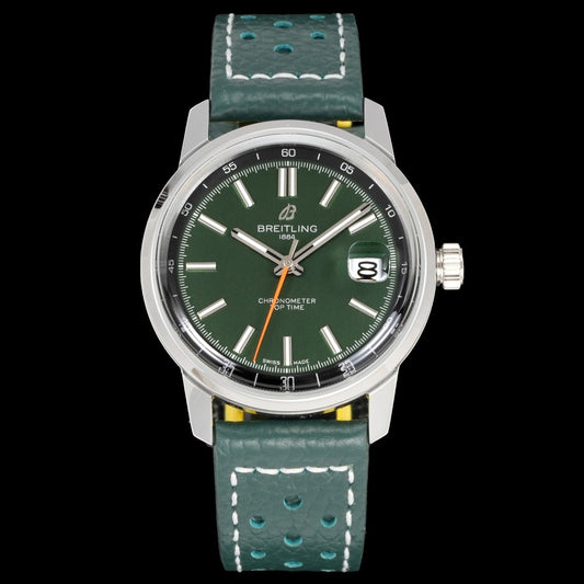 Green White - Silver 904L Steel -Green Leather- Automatic - 38mm