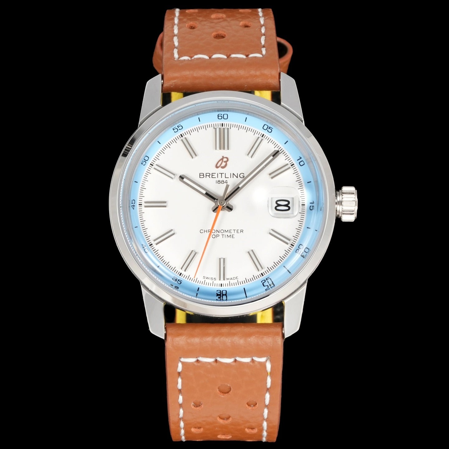 White Blue - Silver 904L Steel -Orange Leather- Automatic - 38mm