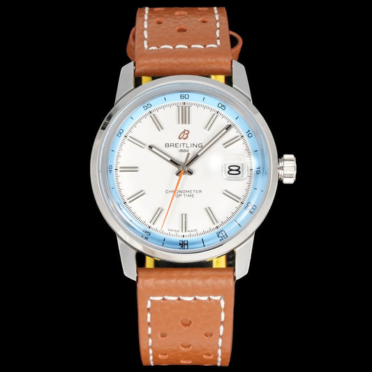 White Blue - Silver 904L Steel -Orange Leather- Automatic - 38mm