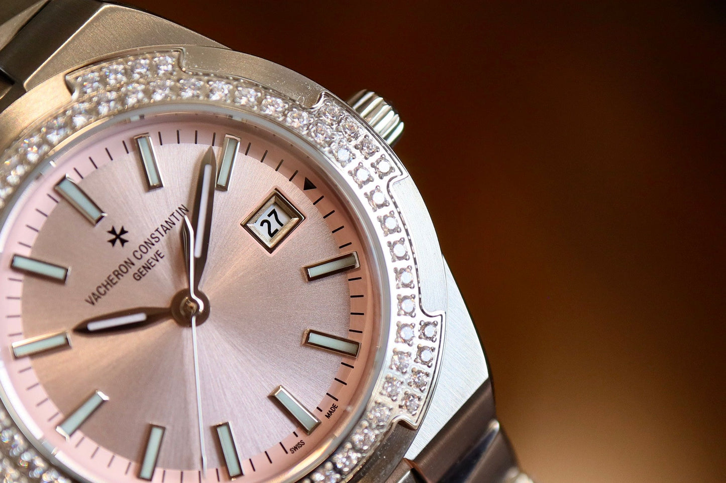 Pink Silver - Rhinestone bezel -904L Steel- Quartz- 33mm
