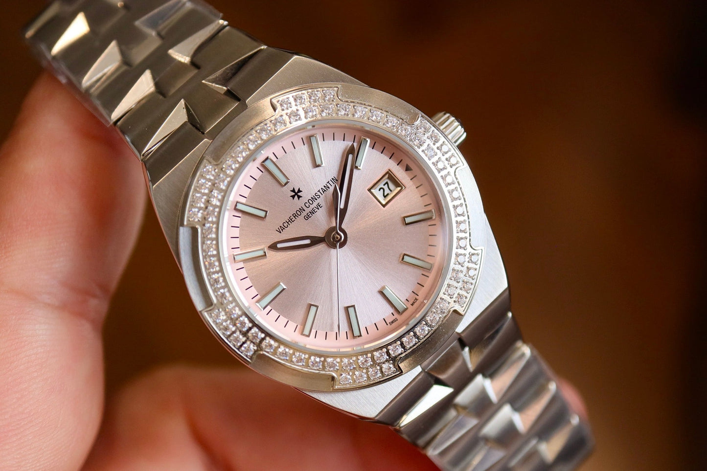 Pink Silver - Rhinestone bezel -904L Steel- Quartz- 33mm