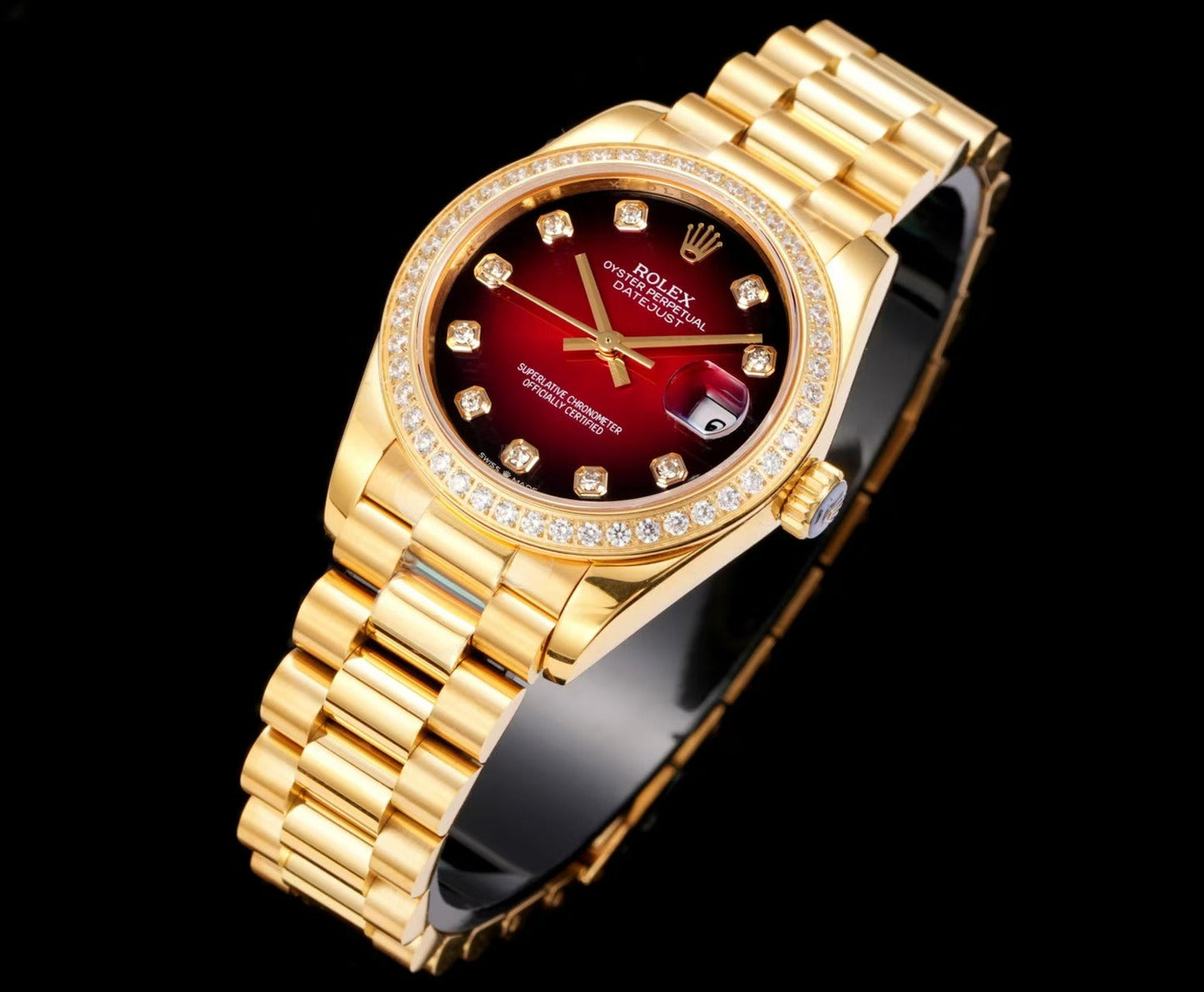 LADY -Yellow gold -Rhinestone bezel-Red -904L Steel - cal.2671 -Automatic - 31mm