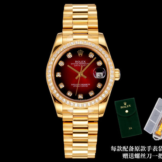 LADY -Yellow gold -Rhinestone bezel-Red -904L Steel - cal.2671 -Automatic - 31mm