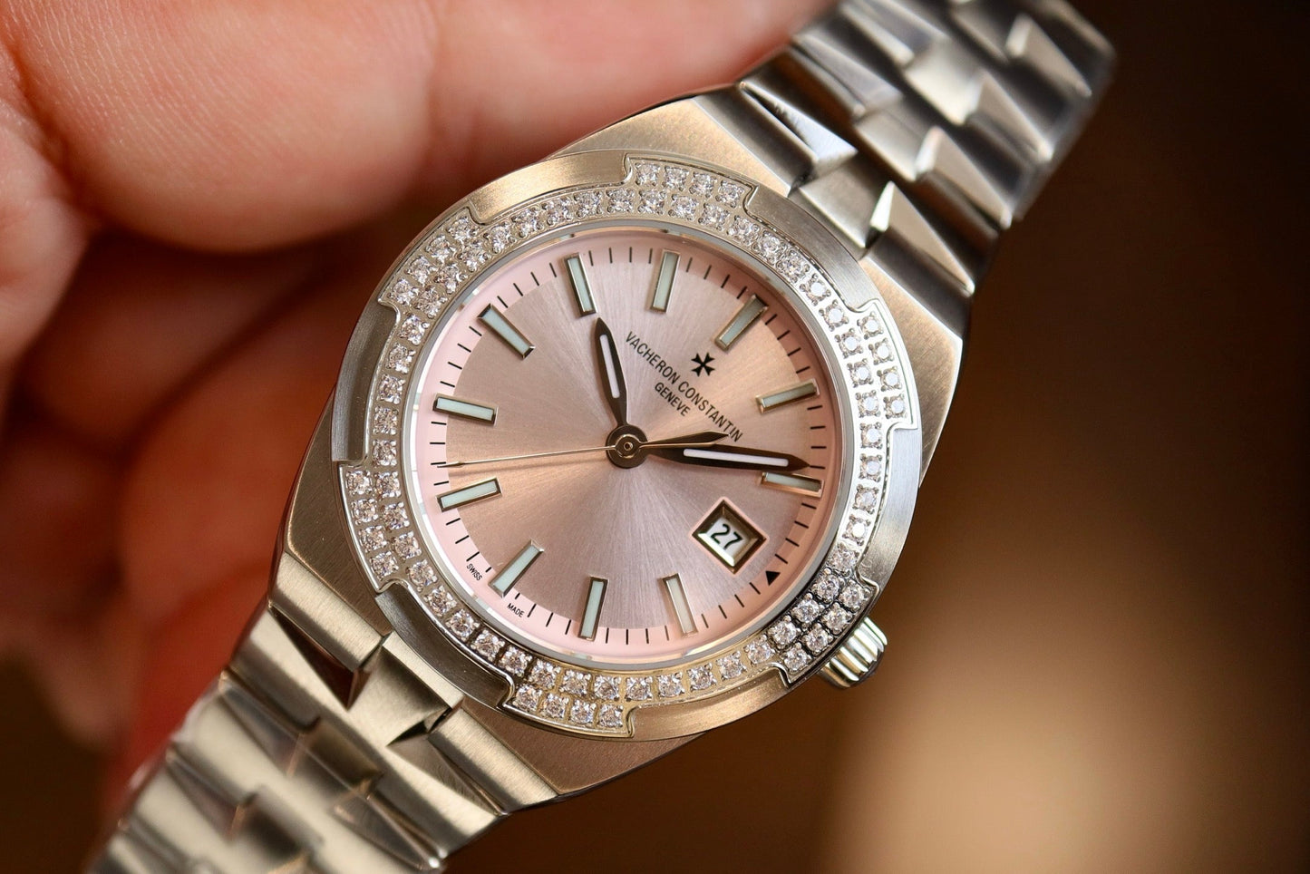 Pink Silver - Rhinestone bezel -904L Steel- Quartz- 33mm