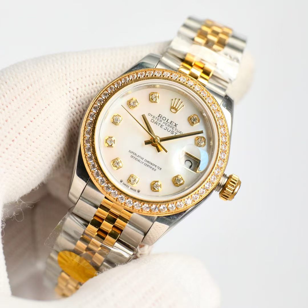 LADY -Yellow -Rhinestone bezel- 904L Steel  -Automatic - 28mm