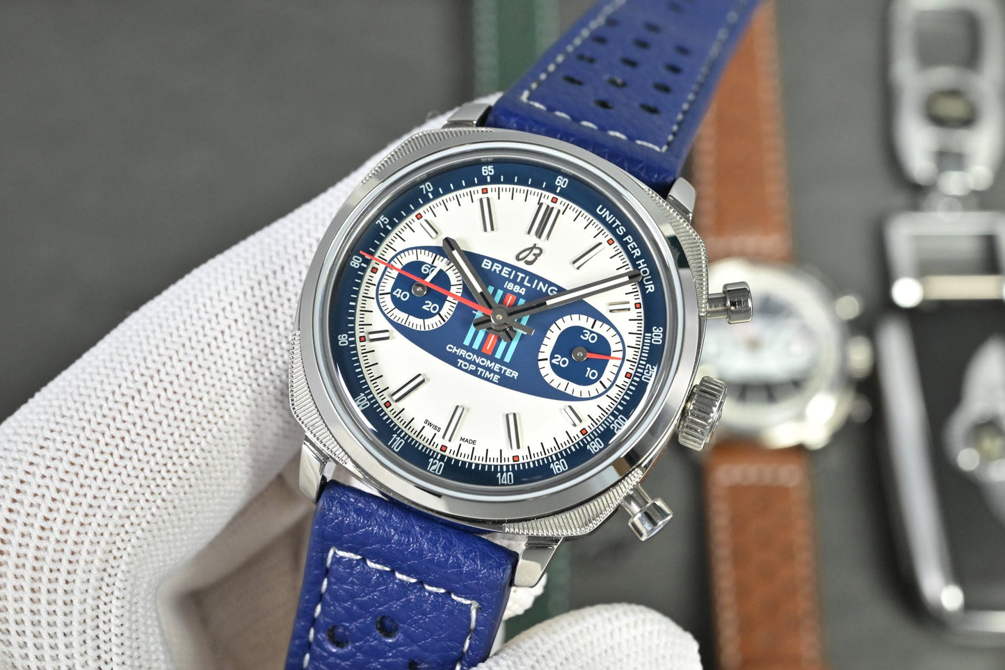 Chronograph - Tptime-Racing -White Blue - Blue Leather - Automatic - 38mm